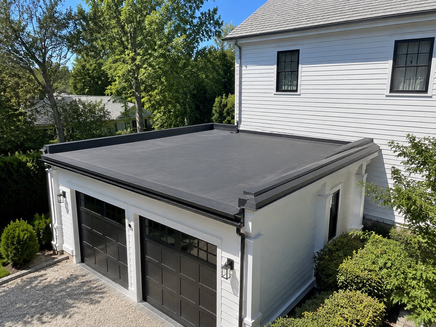 EPDM flat roof over a detached two-car garage, Suffolk County